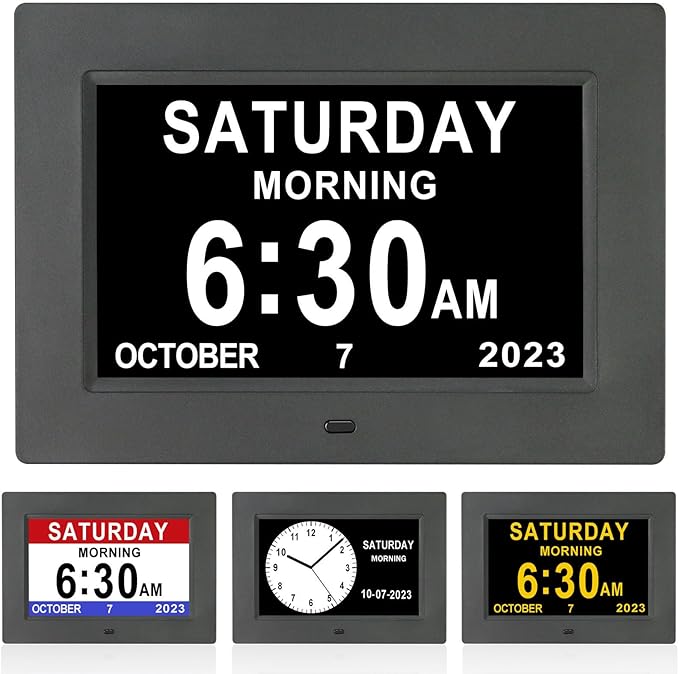 SSINI Dementia Clock for Seniors Digital Clock Large Display with Day & Date-12Alarms 3 Colors Display for Elderly with Memory Loss, Alzheimer's, Vision Impaired (7'' Black)
