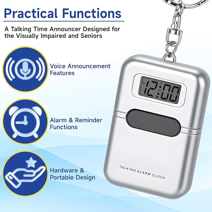 Lenporl Talking Clock for The Blind and Visually Impaired - Easy-Use Talking Alarm Clock for Blind Elderly with Voice Announcement, LCD Display, Keychain & Portable Design