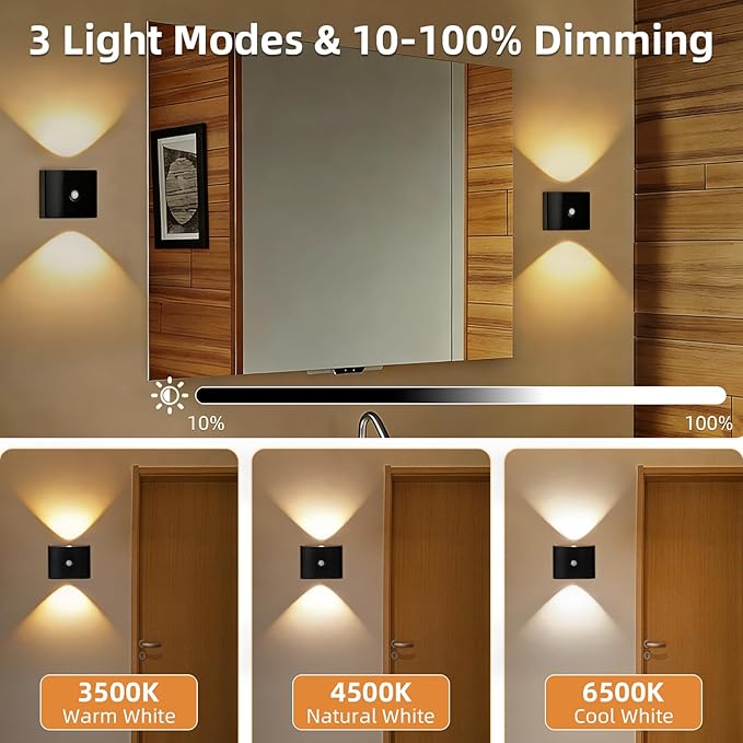 2 Pack Motion Sensor Wall Light, Rechargeable Wall Sconce with 3 Color Temperatures and Brightness Adjustable, Wireless Magnetic Mount for Bedroom, Stair, Hallway, Closet (2, Black)