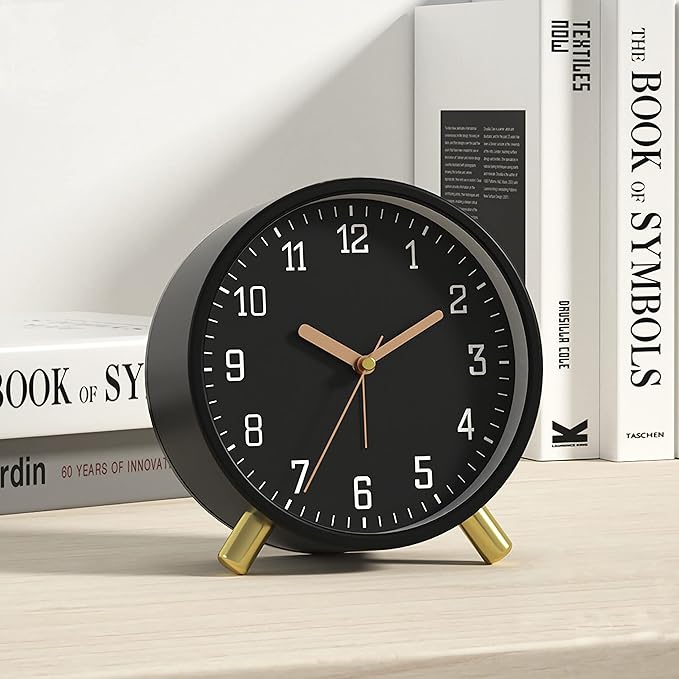 SHISEDECO Alarm Clock with Backlight, 4.5 inches Bedside Analog Non-Ticking Silent Small Deskclock with Arabic Numerals, Battery Operated Round Tableclock for Living Room, Bedroom (Black Color)