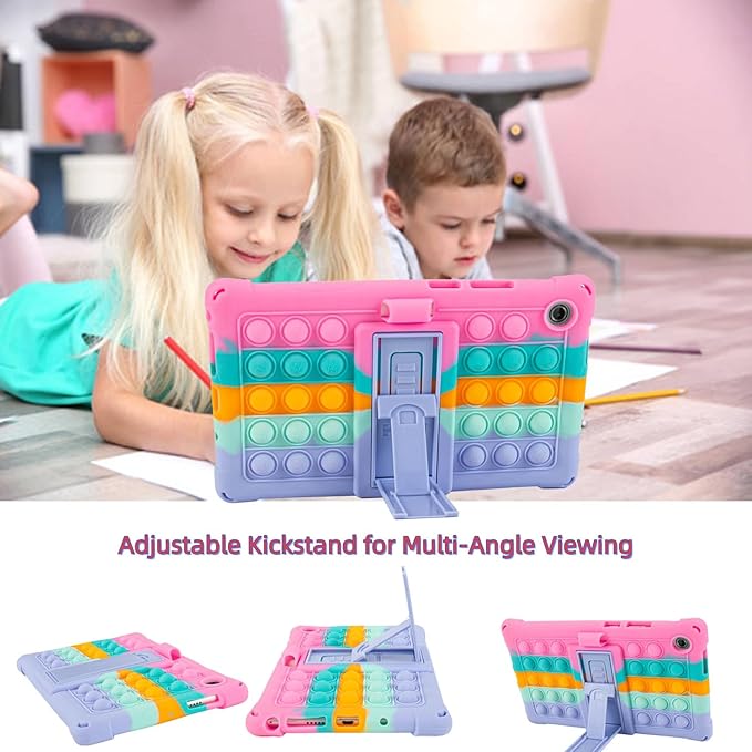 Silicone Tablet Case with Stand/Shoulder Strap/Stylus Pen Soft Cover Compatible with Lenovo Tab One/K9 8.7" Rainbow