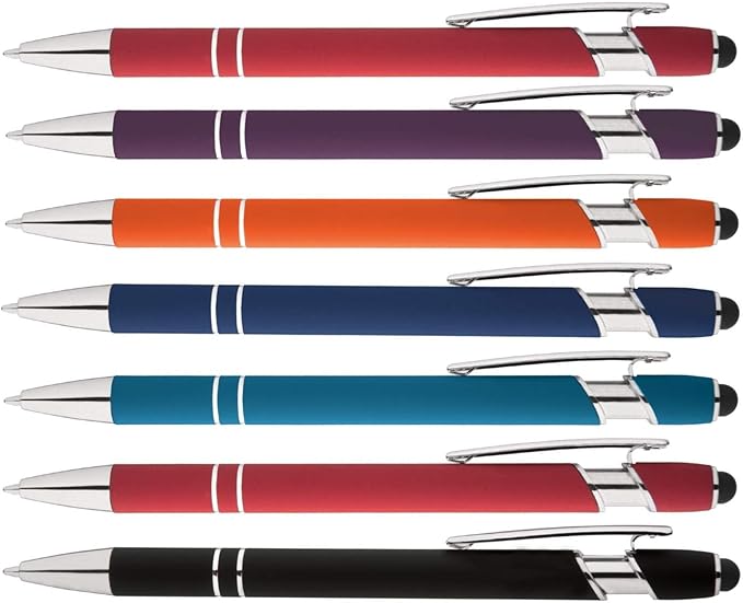 Express Pencils Rainbow Rubberized Soft Touch Ballpoint Pen with Stylus Tip a stylish, premium metal pen, black ink, medium point. Box of 7 (ASSORTMENT)