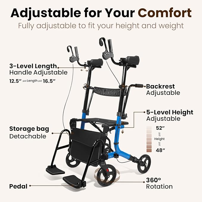 Upright Walkers for Seniors 450 lbs Capacity, 22 lbs Foldable Lightweight Walkers for Seniors with Seat, Armrest and Pedal, Height Adjustable Rollator Walker with Seat for Travel & Gift (Blue)