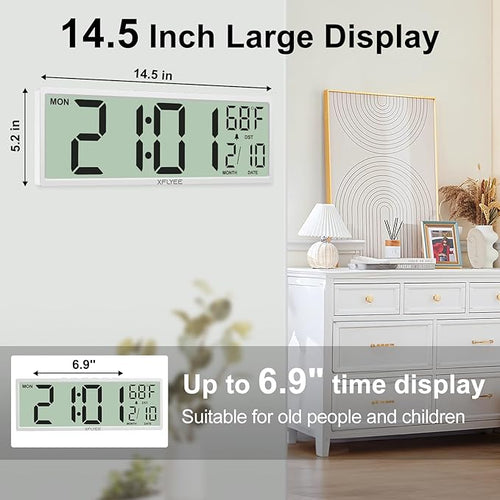 14.5'' Large Digital Wall Clock Battery Operated with Jumbo Numbers, Auto DST, Day, Date, Alarm, Temperature for Living Room, Bedroom, Desk Decor, Gift, LCD Screen Display Easy to Read and Set