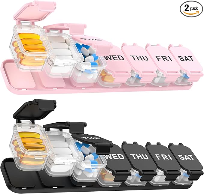 2-Pack Extra Large Weekly Pill Organizer 7-Day Travel Pill Box 7 Compartments