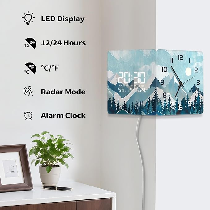 12'' Double Sided 90° Corner Wall Clock, Teal Mountain Moon, Radar Motion Activated, Analog & LED Display with Temp Humidity Date Day, Silent Non-Ticking Plug-in for Bedroom Living Room