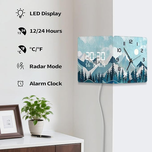 12'' Double Sided 90° Corner Wall Clock, Teal Mountain Moon, Radar Motion Activated, Analog & LED Display with Temp Humidity Date Day, Silent Non-Ticking Plug-in for Bedroom Living Room