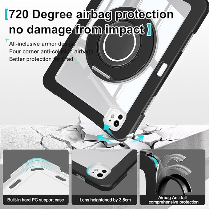 Dteck for iPad Pro 11 inch (M4/M5) 2024/2025 Release Shockproof Clear Case with Stylus Pencil Holder/Rotating Kickstand/Swivel Handle, Lightweight Protective Slim Transparent Tablet Cover Shell, Black