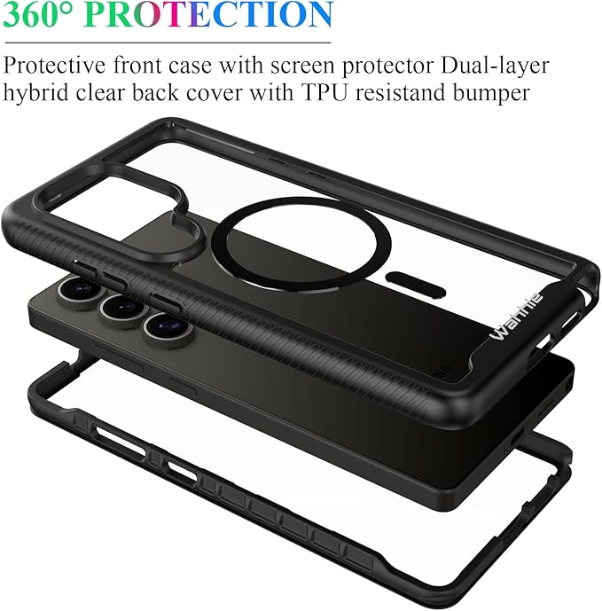 wahhle Compatible with Samsung Galaxy S25 Ultra Case, Magnetic Wireless Charging Built in Screen Protector Full Body Shockproof Slim Fit Bumper Protective Phone Cover for S25 Ultra-Black/Clear
