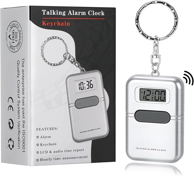 Lenporl Talking Clock for The Blind and Visually Impaired - Easy-Use Talking Alarm Clock for Blind Elderly with Voice Announcement, LCD Display, Keychain & Portable Design