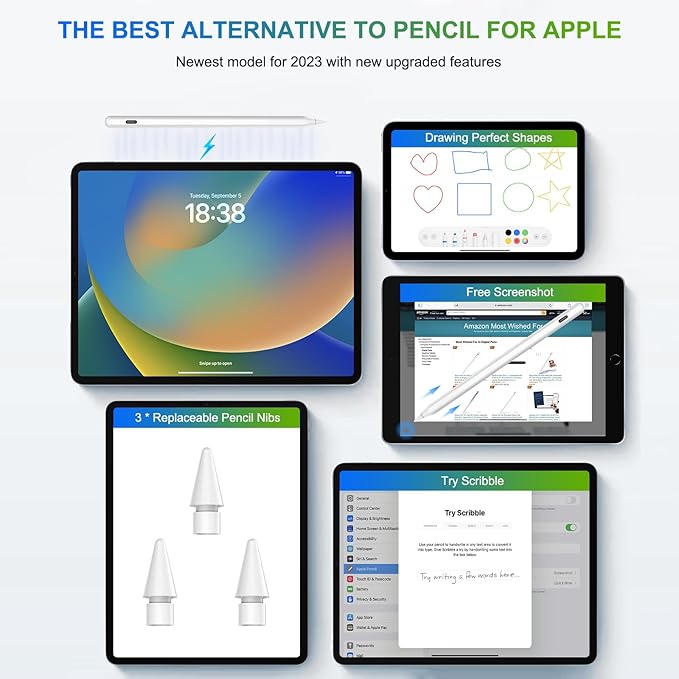 HATOKU Pencil 2nd Generation for iPad: Magnetic Wireless Charging (Air 4/5, Mini 6, Pro 11/12.9" 2018-2023) + USB-C Fast Charge - Stylus Pen for iPad 6-11, Pro 11"/12.9" M4 M5, Air 3-5/M2/M3, Mini 5/6