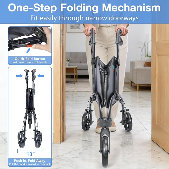 3 Wheel Walkers for Seniors with Bag and Hand Brakes, Lightweight Foldable Rollator with Swivel Front Wheel, Adjustable Height, Compact Mobility Aid for Elderly, Indoor Outdoor Use (Black)