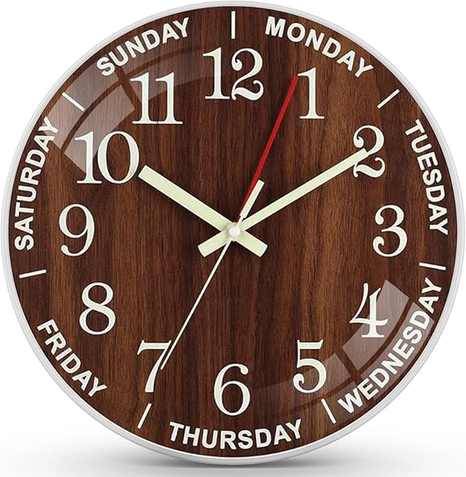 QINFIEY 12 Inch Day of Week Wall Clock, Non Ticking Modern Clocks Battery Operated，Analog Day Clock for Seniors Eldly，Classic for Office Home Classroom School Living Room,Unique Gift Clock(Brown)