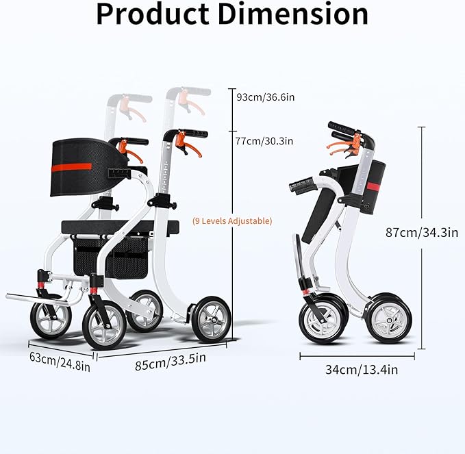 Nihhcune 4-in-1 Mobility Wheelchair Combination, No Installation Design, Walkers for Seniors, Foldable Walker with Seat, Rollator Walker with Durable Aluminum, Ergonomic Design Rolling Walker, White