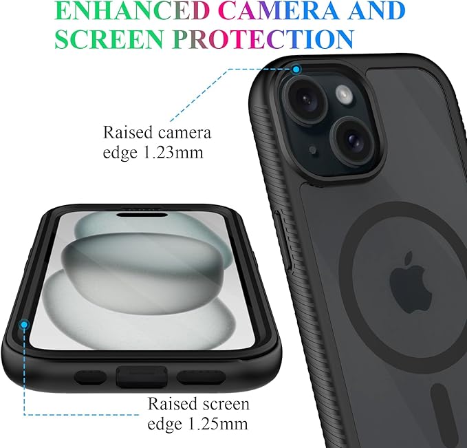 wahhle Compatible with iPhone 15 Case, Magnetic Wireless Charging Built in Screen Protector Full Body Shockproof Slim Fit Bumper Protective Phone Cover 6.1'' Men Women-Black/Clear