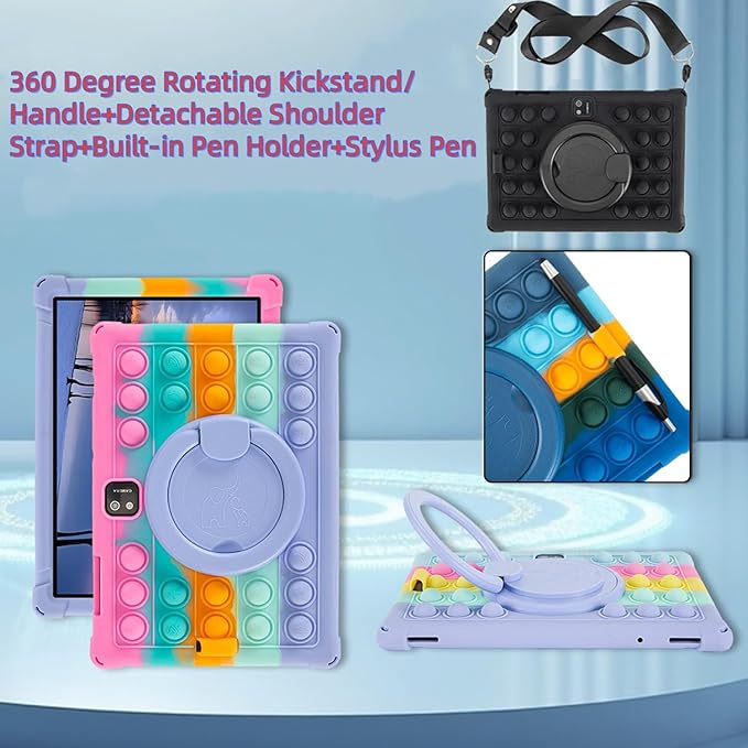 Silicone Tablet Case 360 Rotating Kickstand/Handle and Shoulder Strap Stylus Pen Soft Cover Compatible with JJGJ/QDDQ/AWOW TB02 10.1" Rainbow