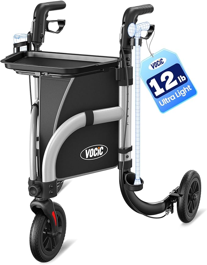 VOCIC 3 Wheel Walkers for Seniors,Z25 Pro Foldable Rollator with 8" Airless Tires & Non-Slip Tray, Cane Holder & Cup Holder, Lightweight Three Wheel Rolling Walker Height Adjustable, Supports 300 lbs