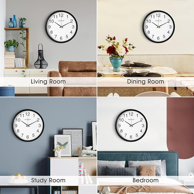 WISKALON 10 inch Silent Non-Ticking Elegant Black Frame Wall Clock,Classic Digital Wall Clocks with Glass,Battery Operated Easy to Read Decorative for Home Office School Kitchen White