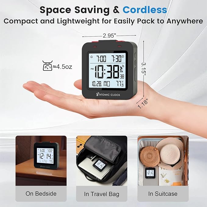 Small Digital Atomic Alarm Clock for Bedroom, 3.15 Inch Portable Travel Clock with Dual Alarms and Snooze, Indoor Temperature, 8s Backlight, Battery Included, Black