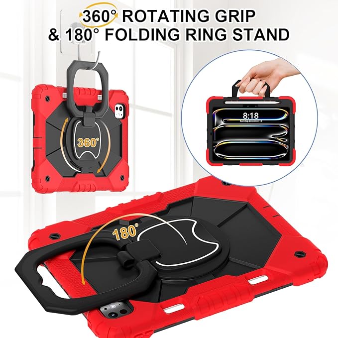 Dteck for iPad Pro 11 inch (M4/M5) 2024/2025 Release Shockproof Case with Shoulder Strap/Pencil Holder/Rotating Kickstand Handle, Heavy-Duty Sturdy Rugged Cover, Protective Tablet Shell, Black Red