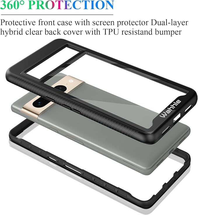 wahhle Compatible with Google Pixel 7 Pro Case, Built in Screen Protector Full Body Shockproof Slim Fit Bumper Protective Phone Cover Men Women-Black/Clear
