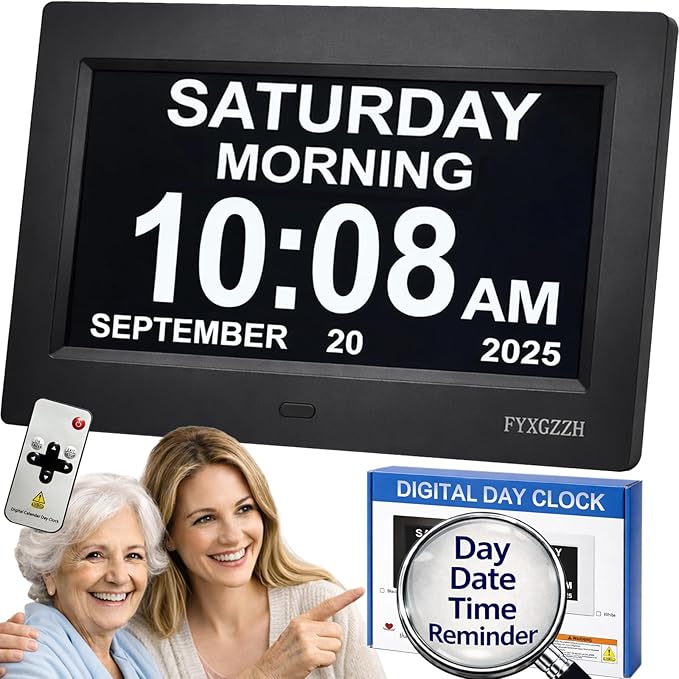 Large Display Digital Dementia Clocks for Seniors, 7'' Day Date Time Calendar Clock for Elderly, Simple Setup, 19 Alarm Reminders, Adjustable Brightness, DST