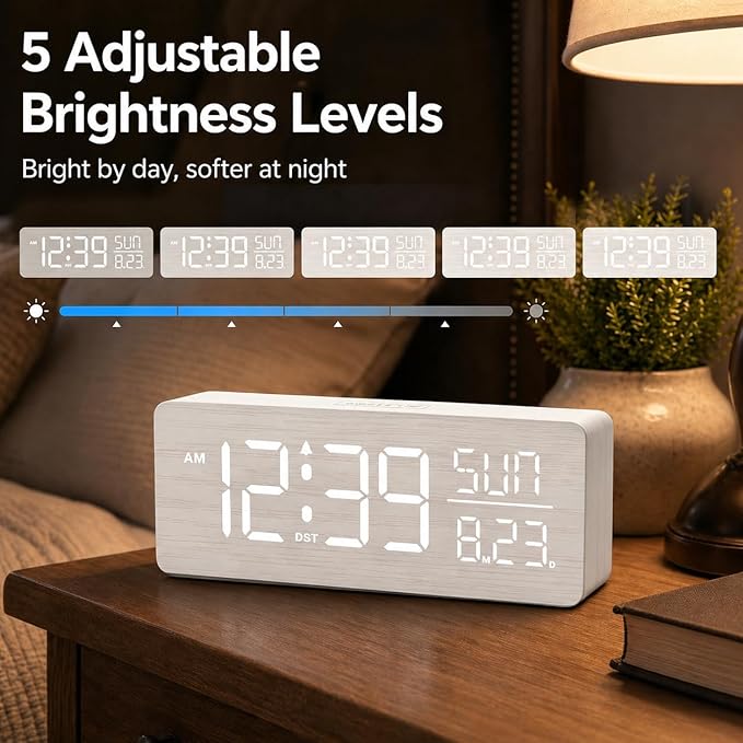Peakeep Wooden Digital Alarm Clock Large Display, Textured Desk Table Decoration for Bedroom Living Room, Plug in Clock with Time Date Day, 5 Brightness, Auto DST