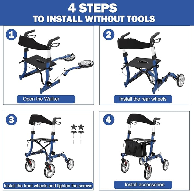 Rollator Walker for Seniors, Lightweight Foldable All Terrain Rolling Walker with seat,12" Rubber Wheels for Smooth Outdoor Use, Compact Folding Design,Height Adjustable 34"-40" for All Users.