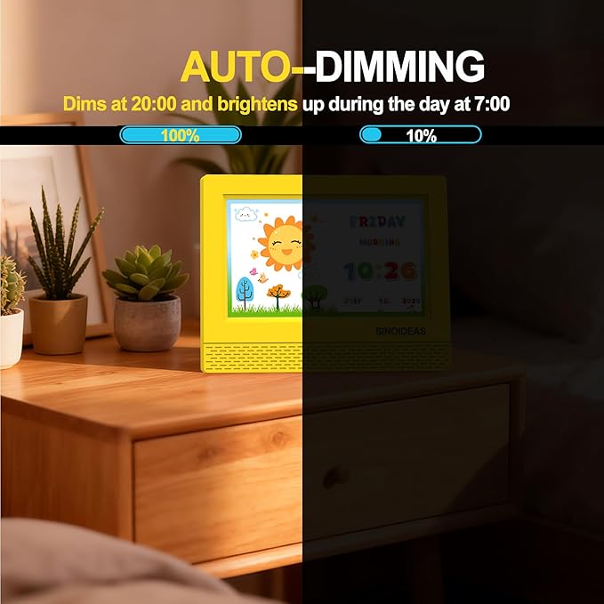 SINOIDEAS 7-Inch Kids' Digital Alarm Clock,Children's Sleep Trainer with Remote Control & Custom Reminder Function (Yellow)