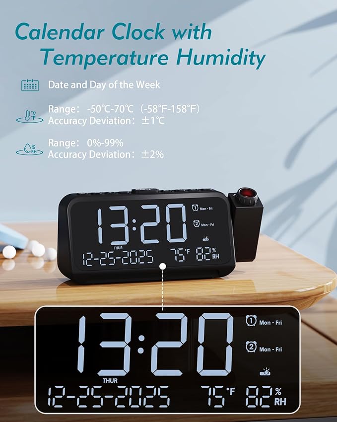 Roxicosly Projection Alarm Clock for Bedroom Ceiling, 118 dB Super Loud for Heavy Sleepers, Plug in Dual Alarm with Weekday/Weekend, 6.7" Large Digital Dimmable Display, Easy to Read