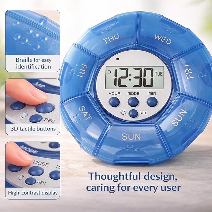 Case with Alarm, Weekly Medicines Setting Up Voice Reminders with Recording Playback Function 7 Day Medication Times Dispenser The Elderly Blind Person