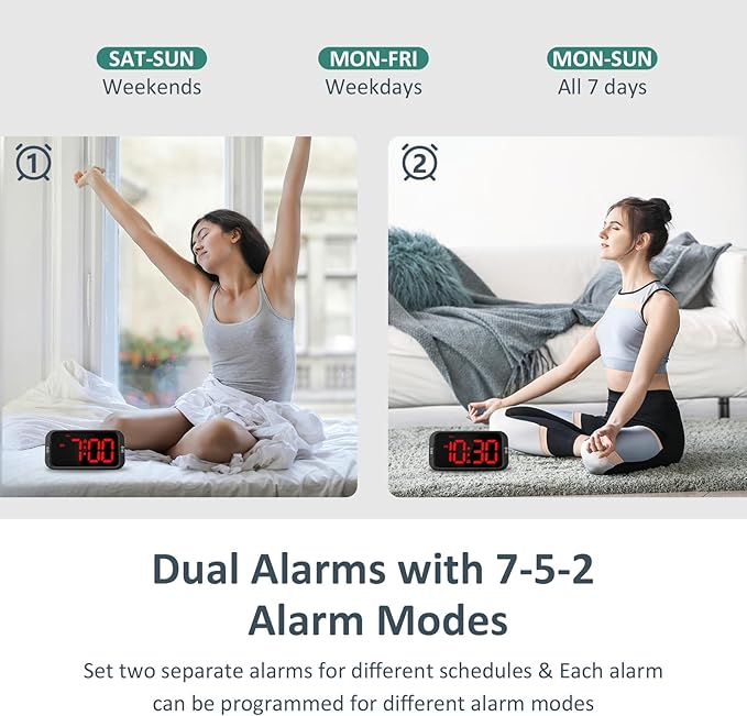 Odokee Digital Dual Alarm Clock for Bedroom, Easy to Set, 0-100% Dimmer, USB Charger, 5 Sounds Adjustable Volume, Weekday/Weekend Mode, Snooze, 12/24Hr, Battery Backup, Compact Clock for Bedside(Red)