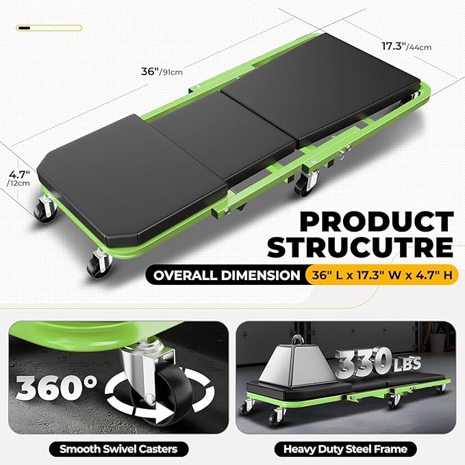 Auto Dynasty 36" Z-Creeper Seat, 2-in-1 Foldable Garage Creeper Shop Seat, 330 LBS Capacity Automotive Mechanic Repair Under Car Rolling Creeper Seat, Green