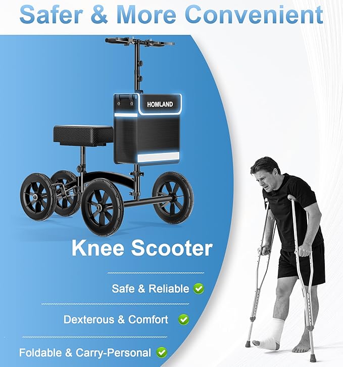 HOMLAND Knee Scooter Walker for Adults Foot Injuries Ankle Surgery, Foldable Steerable Leg Scooters with Dual Handbrake, Height Adjustable Handle & Knee Pad, Removable Storage Bag, 300 lbs Capacity