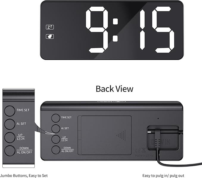 KWANWA Bedside Clock with Oversized Buttons, 2.4'' LED Digits Display, 24H Memory & Battery Save Mode, Ideal for Kitchen/Garage/Hurricane Preparedness (Includes 59" Charging Cable)