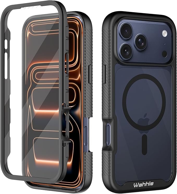 wahhle Compatible with iPhone 17 Pro Max Case, Magnetic Built in Screen Protector Full Body Shockproof Slim Fit Bumper Protective Phone Cover Men Women 6.9"-Black/Clear