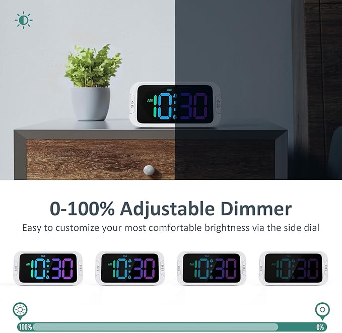 Odokee Dual Colorful Alarm Clock for Kids Bedroom - 0-100% Dimmer, 5 Alarm Sounds, USB Charger, Easy to Set, Weekday/Weekend Mode, Snooze, 12/24Hr, Battery Backup, Digital Clock for Teens Boys Bedside