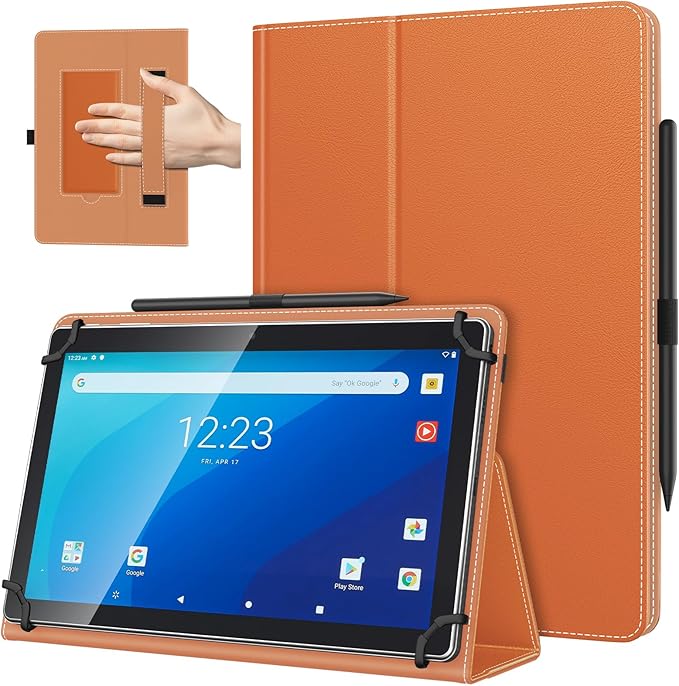 TiMOVO Universal Case for 10.1 Inch Android Tablet with Pen Loop, Lightweight Folding Stand Cover with Hand Strap for All 9.6"-11" Touchscreen Tablet, Orange