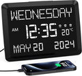 11.5” Extra Large Digital Wall Clock with Date and Day of Week , Electric Desk Clock for Seniors, Large Display Alarm Clock for Bedroom with Battery Backup, 5 Dimmer, 2 USB Ports, Indoor Temp, 12/24H