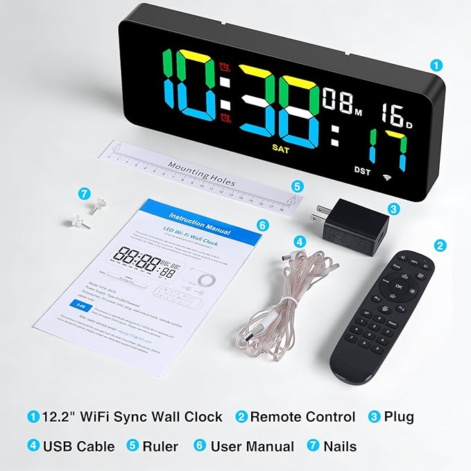 XREXS 12.2 Inch Digital Wall Clock WiFi Sync with Remote Control, Large LED Screen with Time/Calendar/Seconds Display, Count Up & Down Timer, 2 Alarm Clock for Home, Office and Classroom