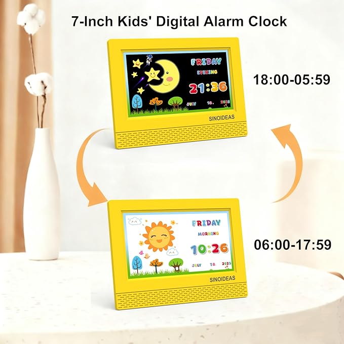 SINOIDEAS 7-Inch Kids' Digital Alarm Clock,Children's Sleep Trainer with Remote Control & Custom Reminder Function (Yellow)