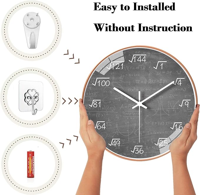 QINFIEY 10 Inch Math Wall Clock Silent Non Ticking Movement Quality Quartz Wall Clock for Office Classroom/School/Home/Kitchen/Living Room Wall Decorations (Grey)