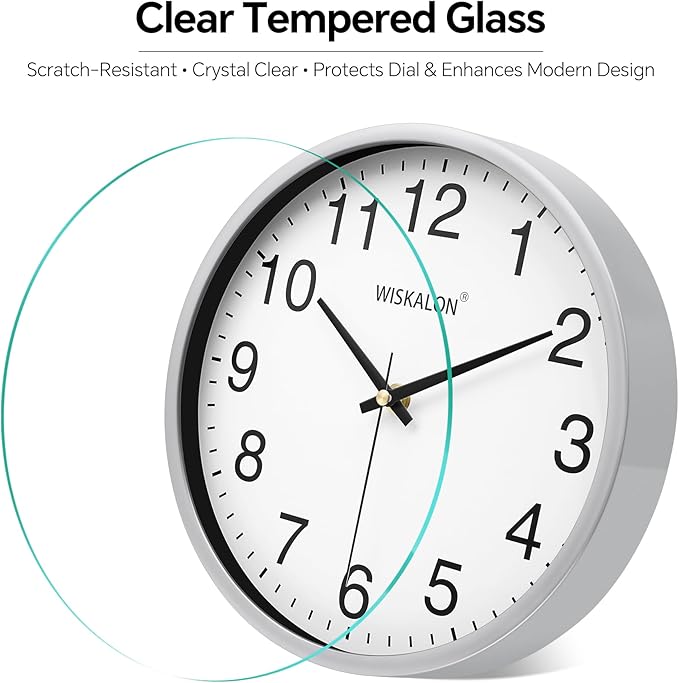 WISKALON 10 Inch Wall Clock, Silent Non-Ticking Round Silver Frame Clock with Glass, Battery Operated, Easy to Read for Home/Office/School