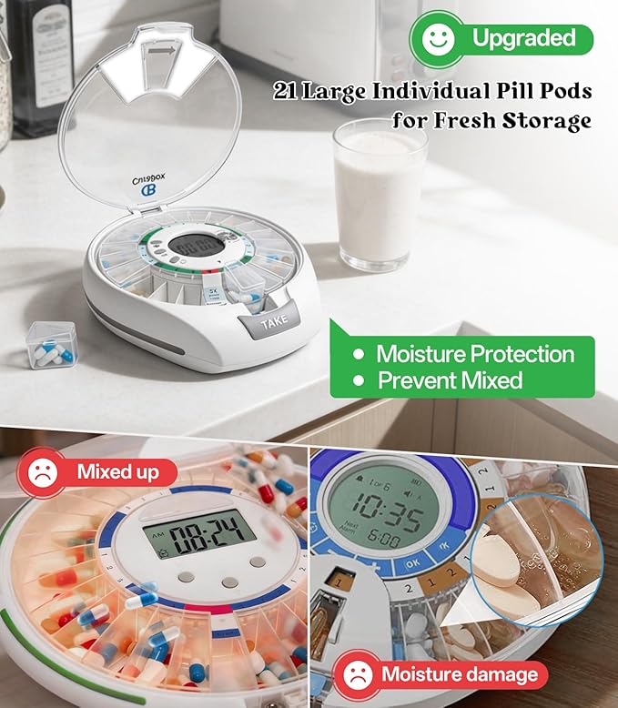 Bluetooth Automatic Pill Dispenser 21 Pods with App Adherence Tracking Key Lock