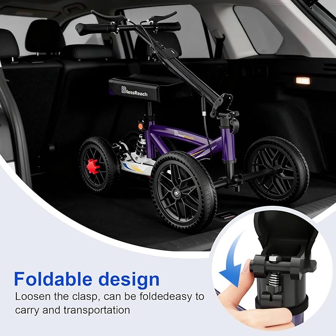 BlessReach All Terrain Foldable Knee Scooter Walker, Disc Brake Knee Walker for Foot Injuries, Compact Crutches Alternative (Purple)
