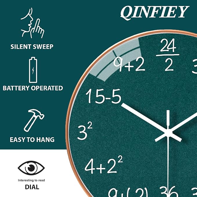 QINFIEY 10 Inch Math Wall Clock Silent Non Ticking Movement Quality Quartz Wall Clock for Office Classroom/School/Home/Kitchen/Living Room Wall Decorations (Green)