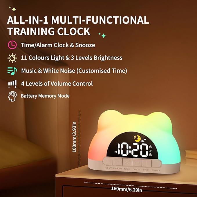 Wake Up Light Alarm Clock for Kids, Toddler Sleep Training Clock with RGB Night Light, Sound Machine, Dual Alarms, Birthday Gift for Girls Kids, Toddler Clock Stay in Bed, Bedroom