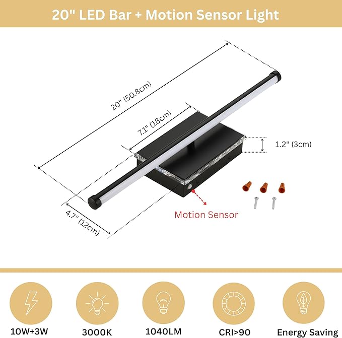 20-Inch Smart LED Vanity Light Bar | Dual Light Source (10W Main/3W Motion Sensor) | 4 Switch Modes (Incl. Night Light) | 3000K, 1040LM, CRI 90+, Dimmable, ETL (Matte Black)