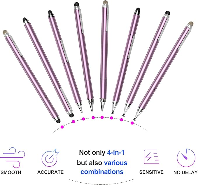 Penyeah 4-in-1 Stylus Pen for Touchscreens, Versatile Capacitive Stylus for iPhone 17/16/15 Pro Android Phones,Tablets -Disc+Rubbe+Mesh Tips Universal for All Touch Screen Devices - Pinky Gold