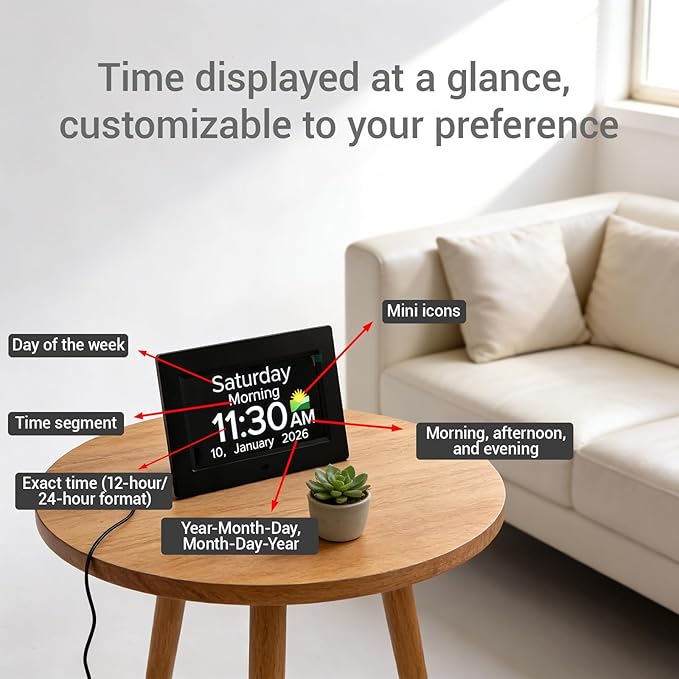 Digital Dementia Clocks for Seniors - 7" Large Display Calendar Clock with Day & Date for Elderly, Auto DST | 20 Alarm Reminders, Essential Alzheimers Clock & Gift for People with Memory Loss